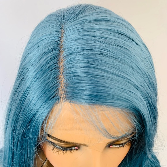 Long Gorgeous 28” Ocean Blue Color Premium Fiber Glueless Lace Front Wig - Picture 5 of 10